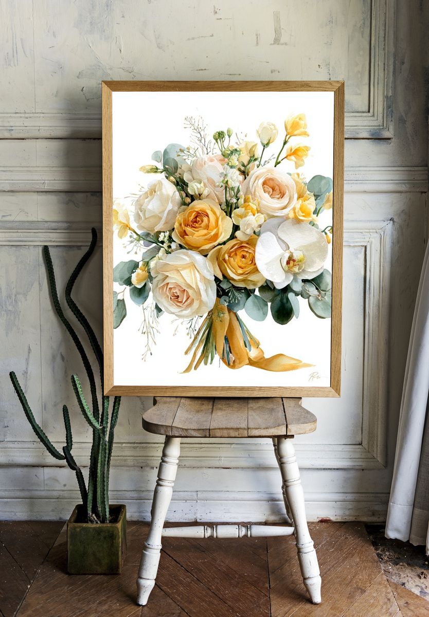 Golden Floral Bouquet Watercolor Print. room preview