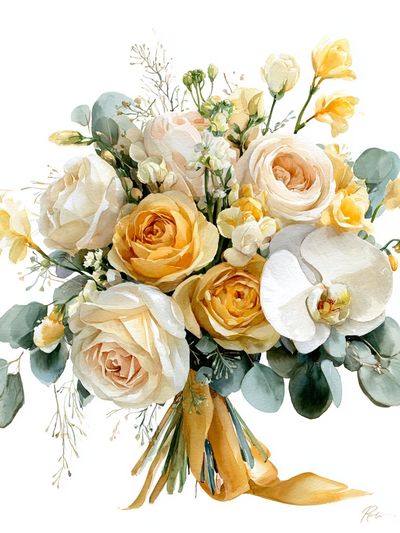 Golden Floral Bouquet Watercolor Print. poster print