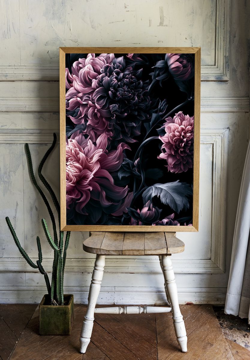 Dark Peony Bloom Botanical Print. room preview