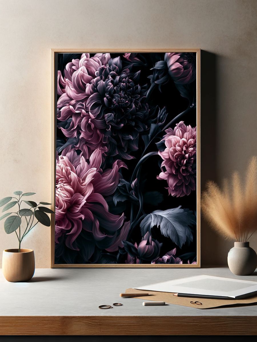 Dark Peony Bloom Botanical Print. — room view 2