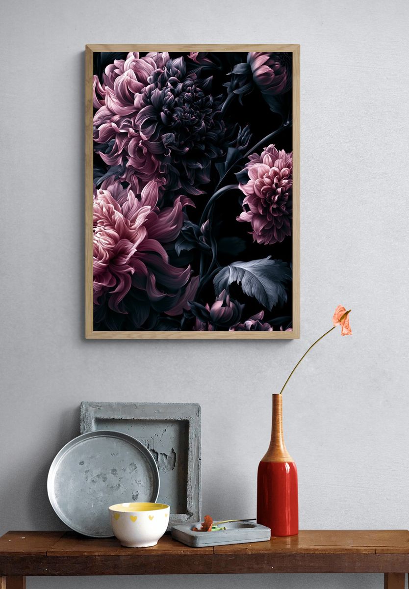Dark Peony Bloom Botanical Print. — room view 3