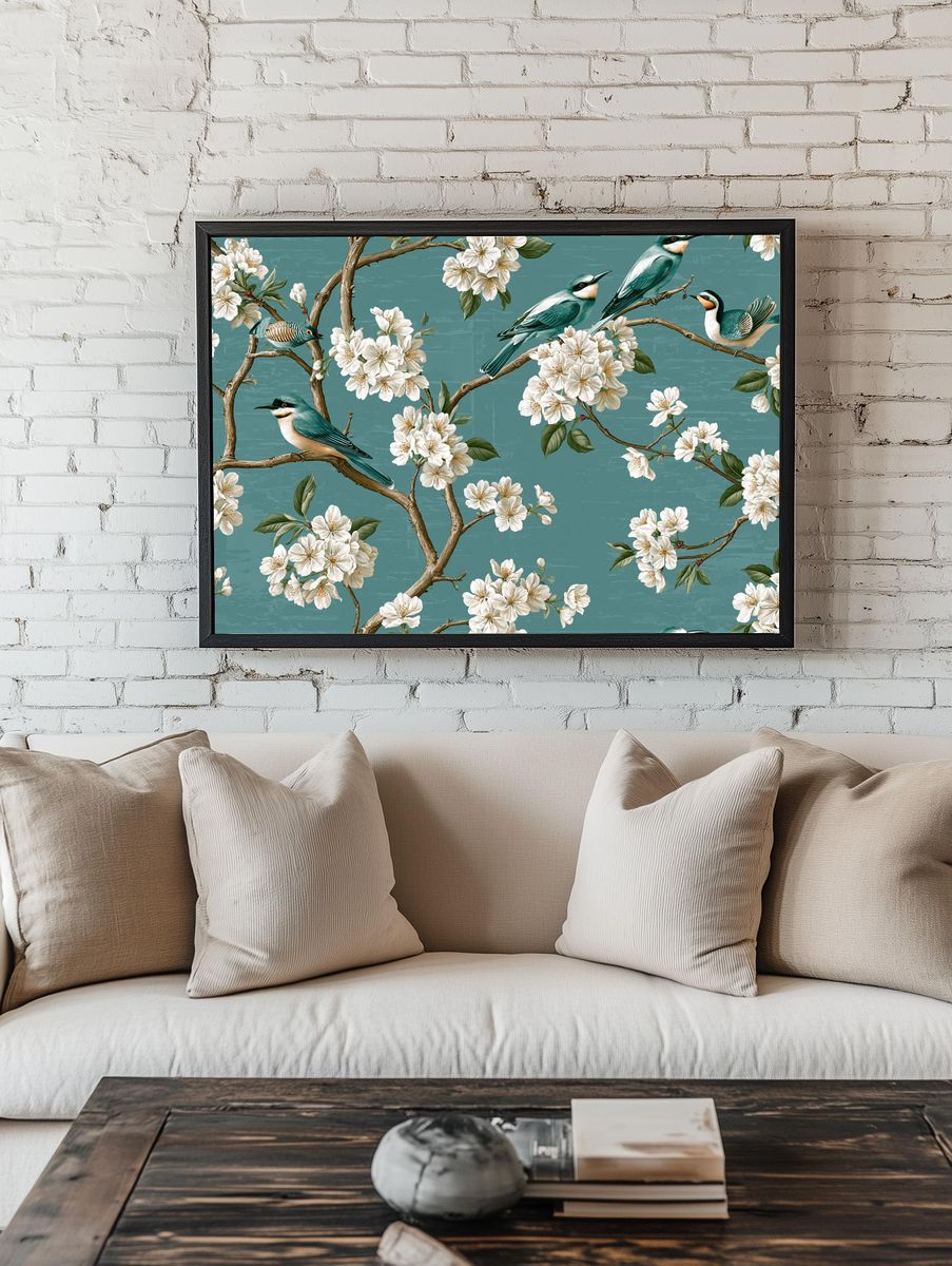 Cherry Blossom Birds Illustration Print. — room view 1