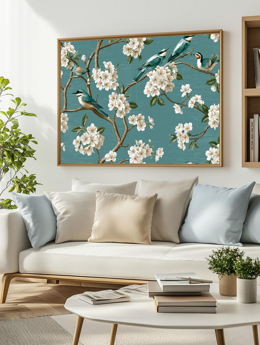 Cherry Blossom Birds Illustration Print. — room view 2