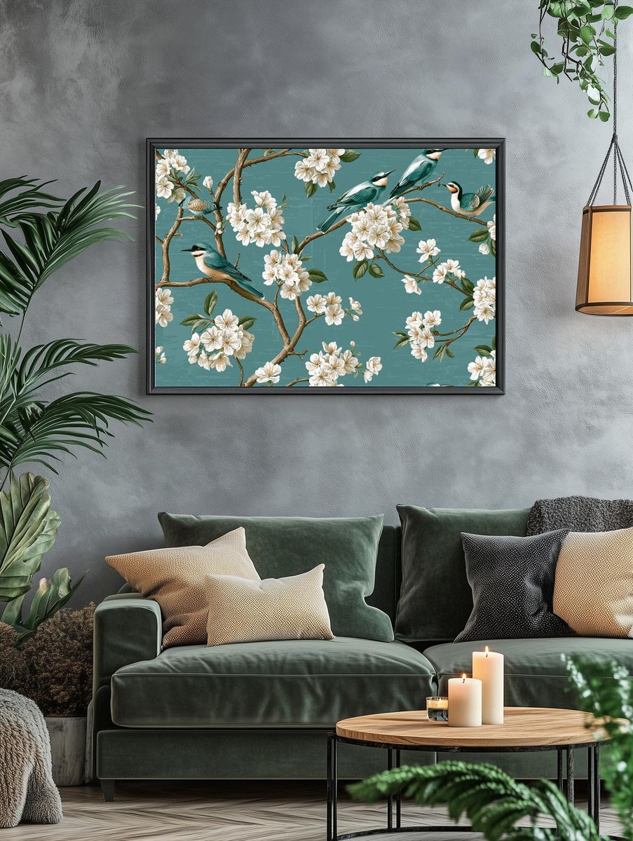 Cherry Blossom Birds Illustration Print. — room view 4