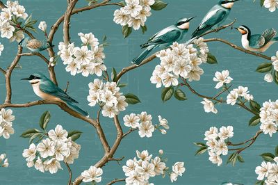 Cherry Blossom Birds Illustration Print.