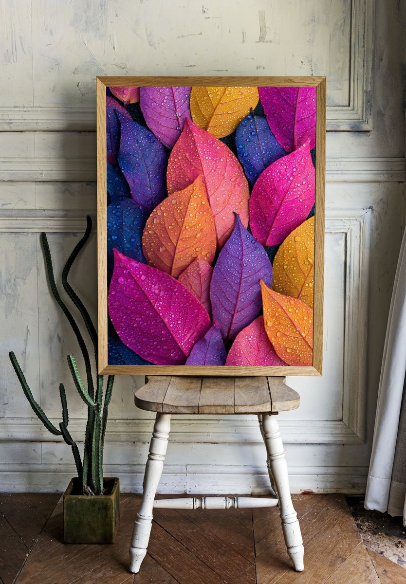 Colorful Dewy Leaves Botanical Print room preview