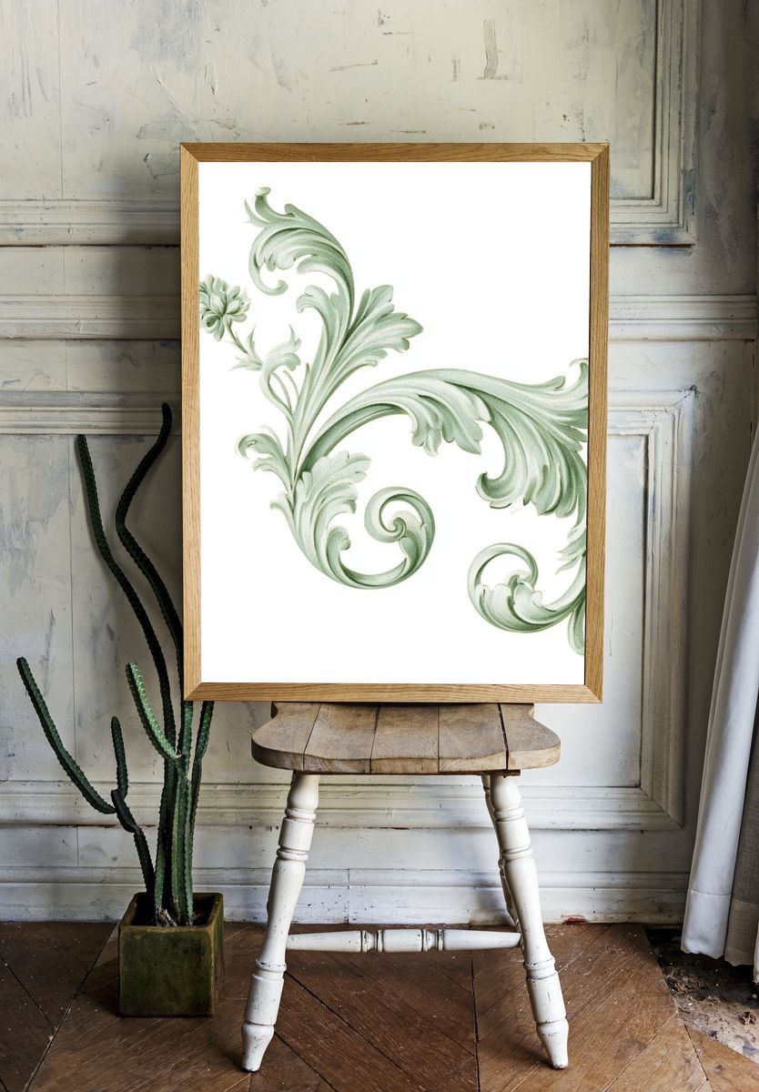 Sage Baroque Scroll Print. room preview