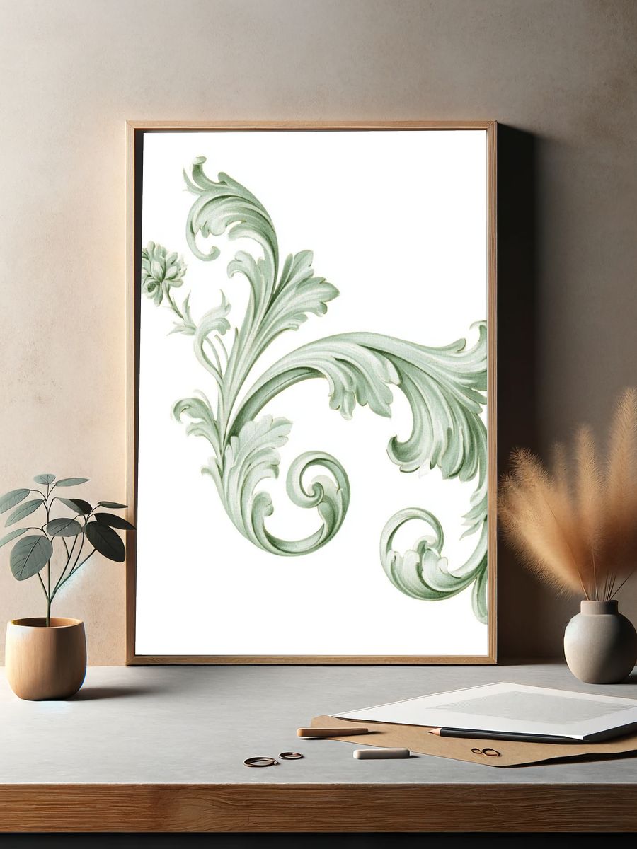 Sage Baroque Scroll Print. — room view 2