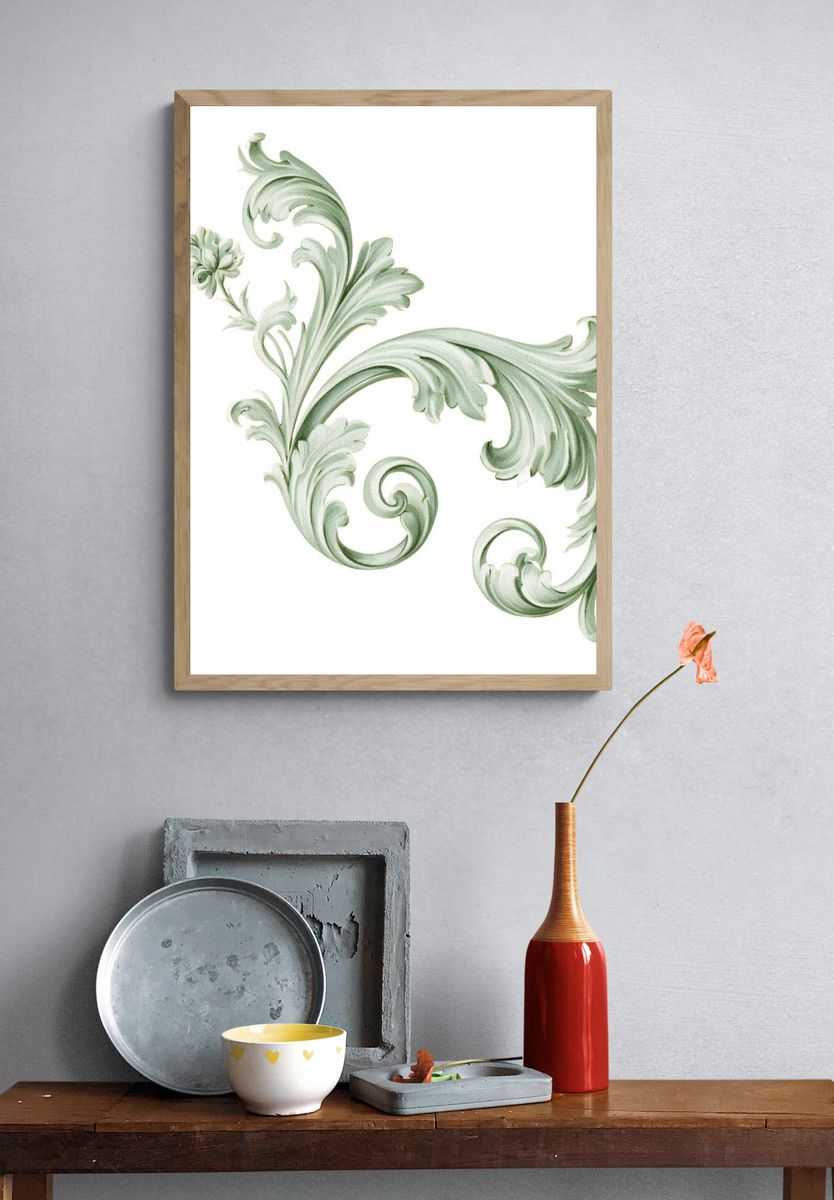 Sage Baroque Scroll Print. — room view 3