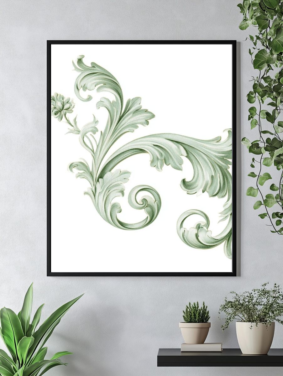 Sage Baroque Scroll Print. — room view 4