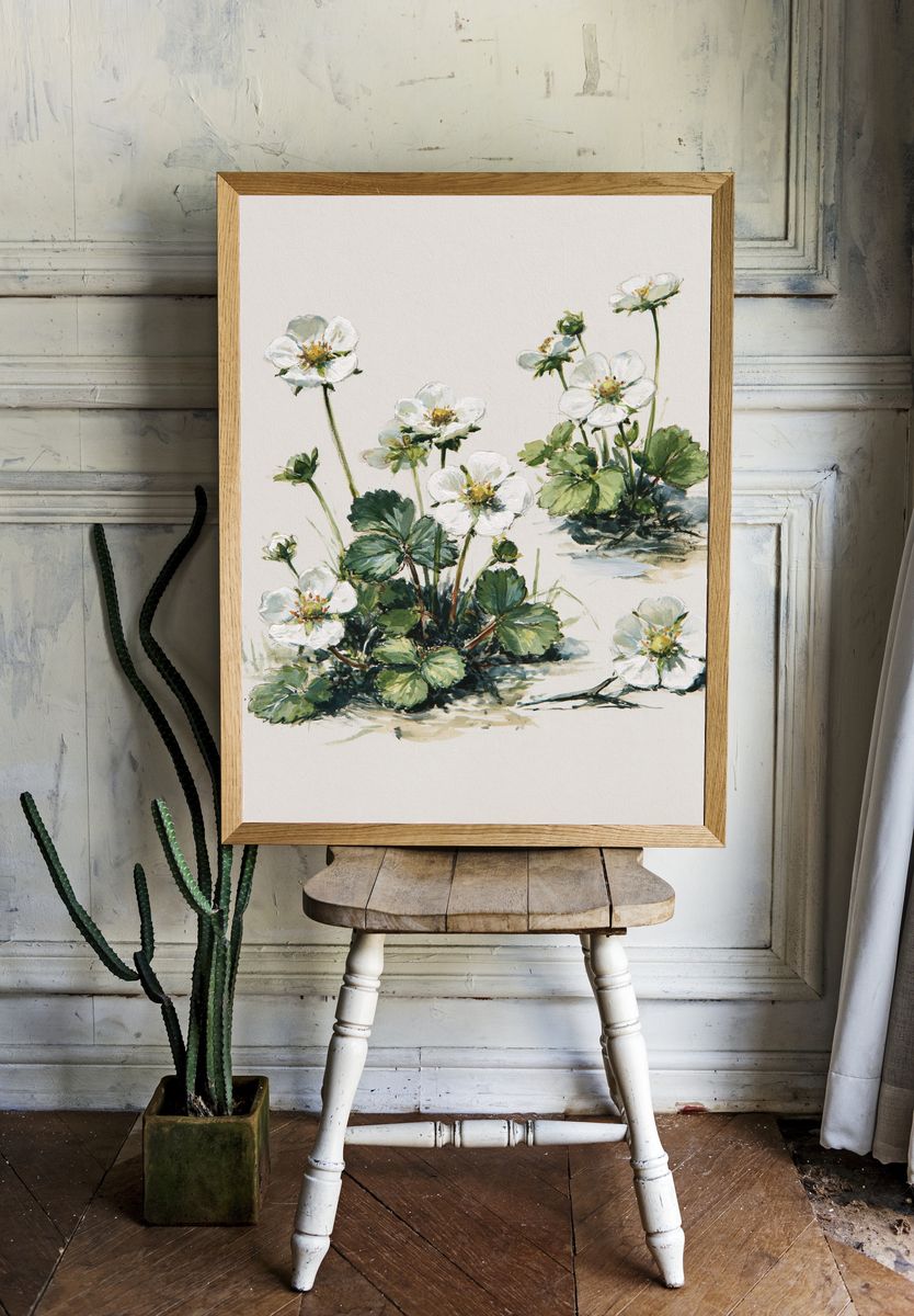 Wild Strawberry Blossom Watercolor Print. — room view 1
