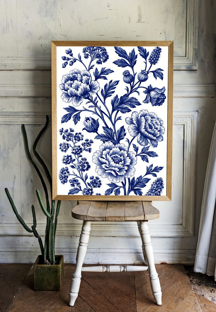 Blue Floral Toile Print Poster. — room view 1