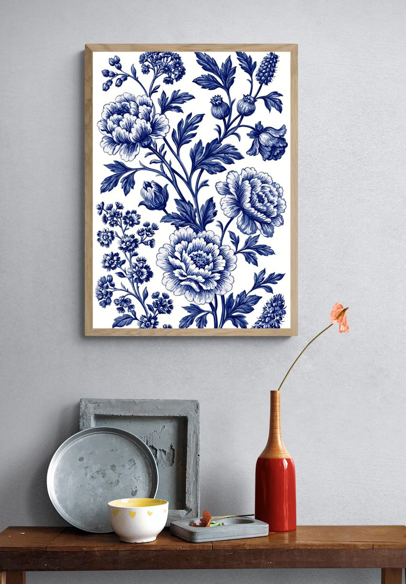 Blue Floral Toile Print Poster. — room view 3