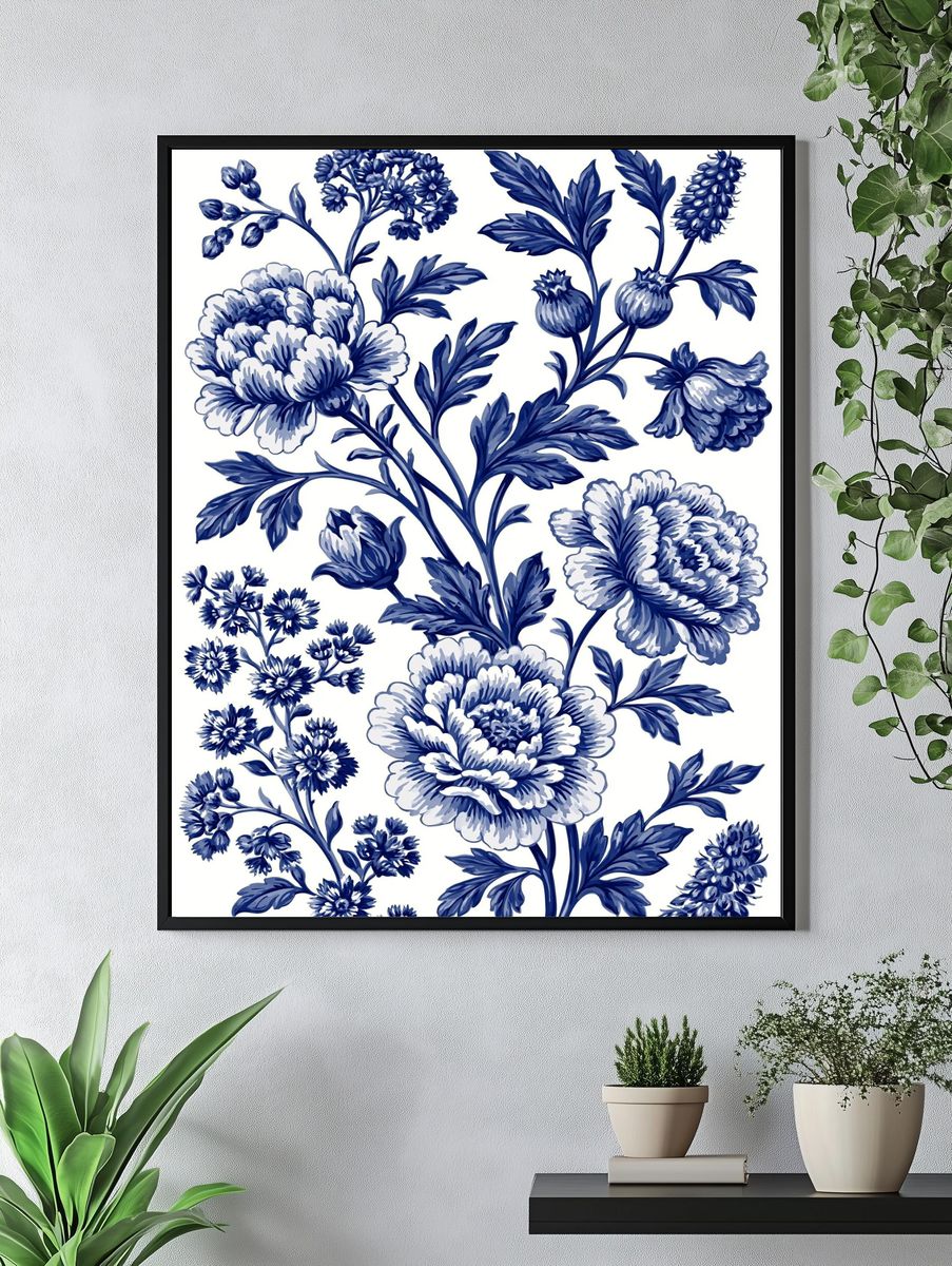 Blue Floral Toile Print Poster. — room view 4