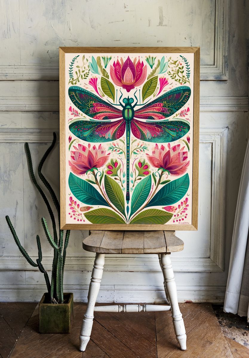 Dragonfly Botanical Illustration Poster. — room view 1