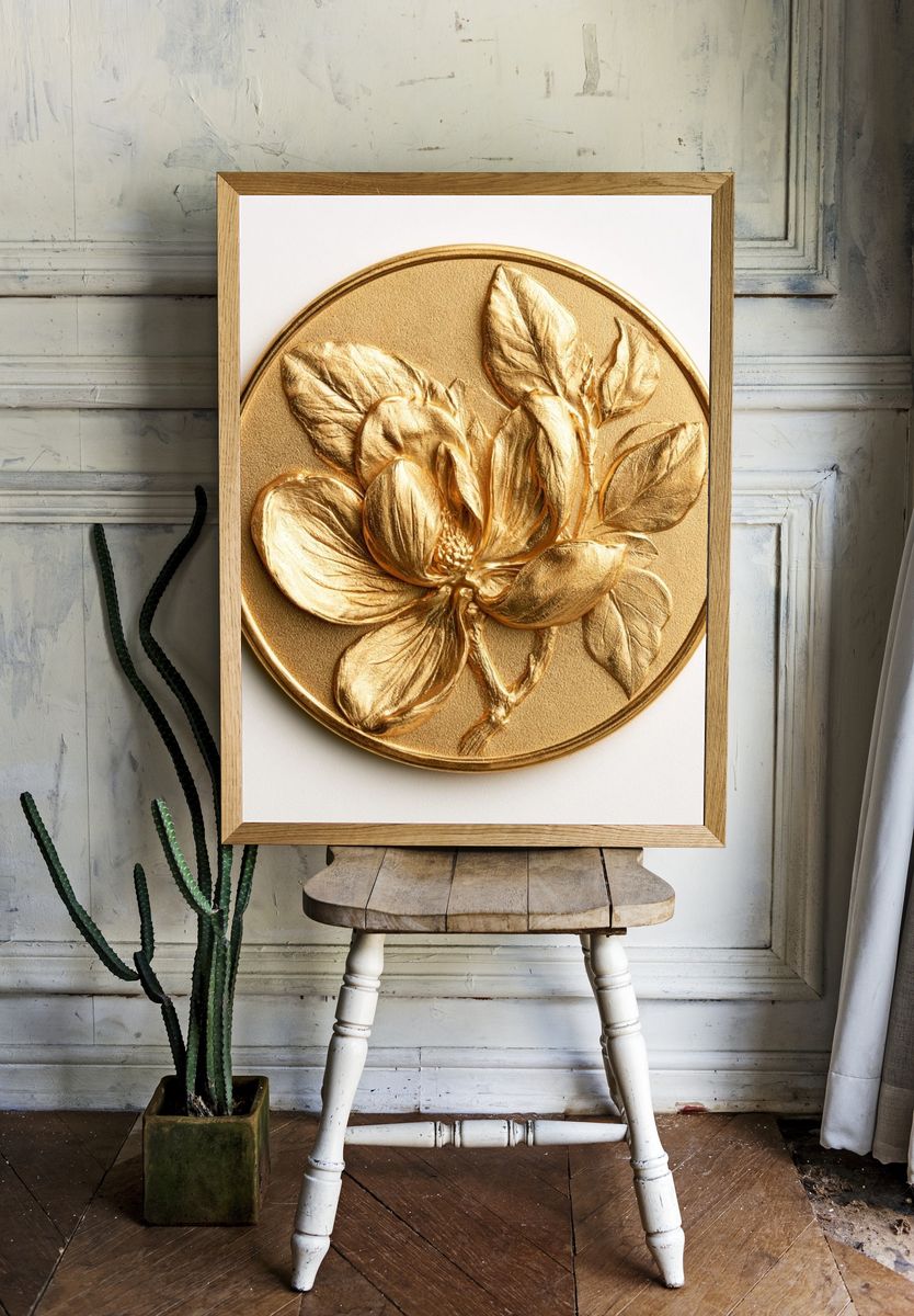 Golden Magnolia Relief Print. room preview