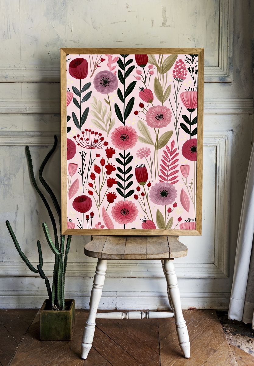 Pink Floral Garden Illustration Poster. — room view 1