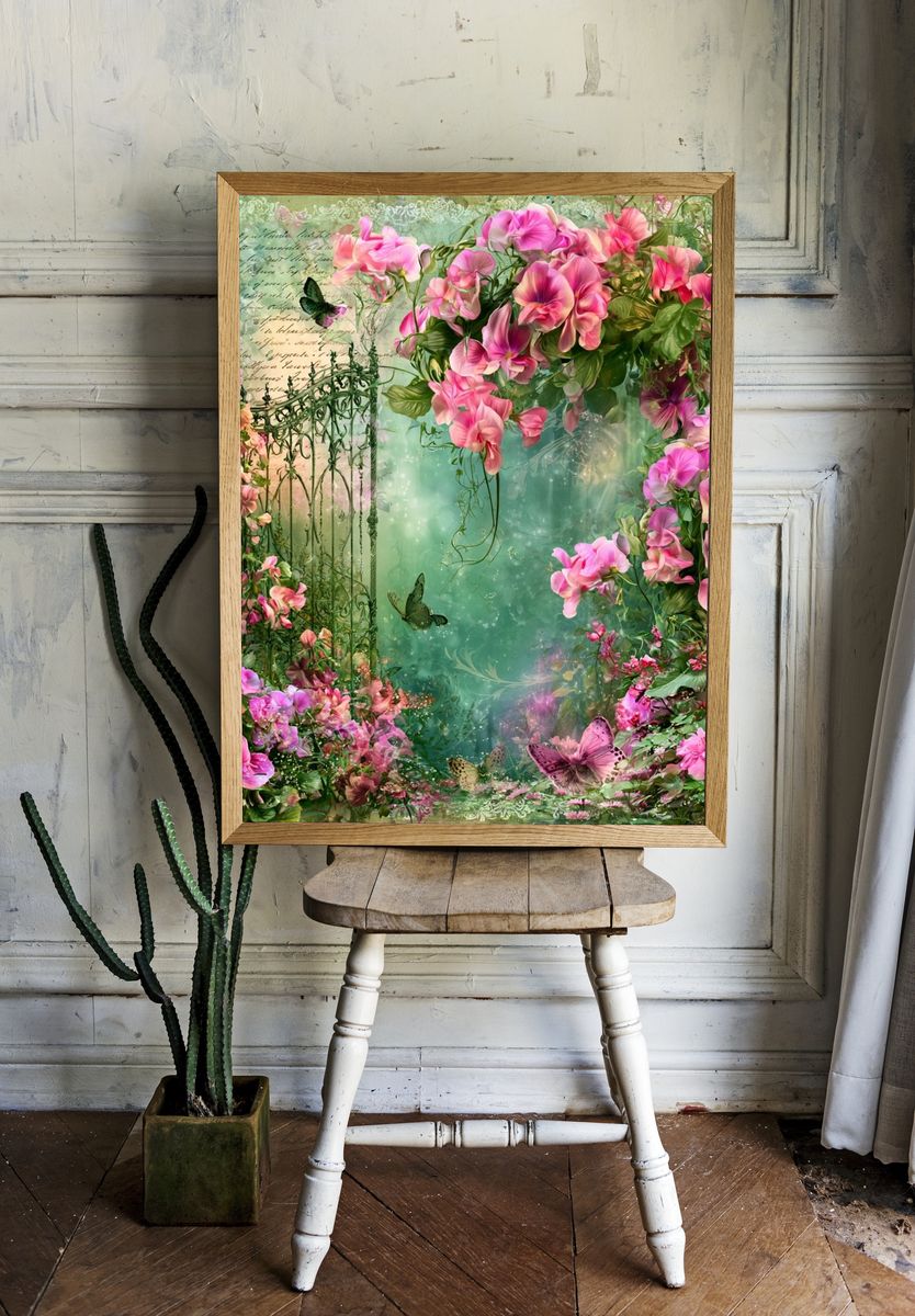 Pink Floral Garden Illustration Poster. room preview