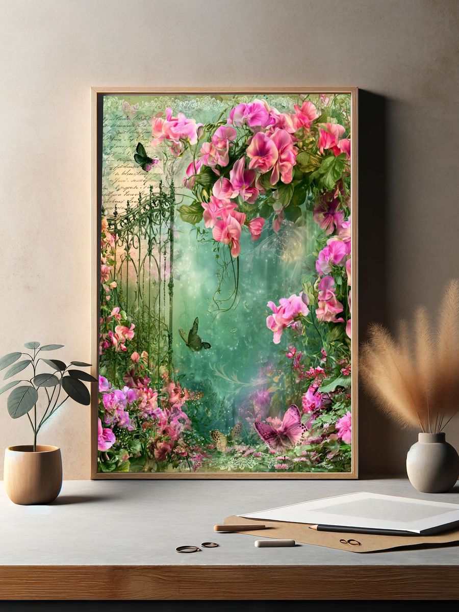 Pink Floral Garden Illustration Poster. — room view 2