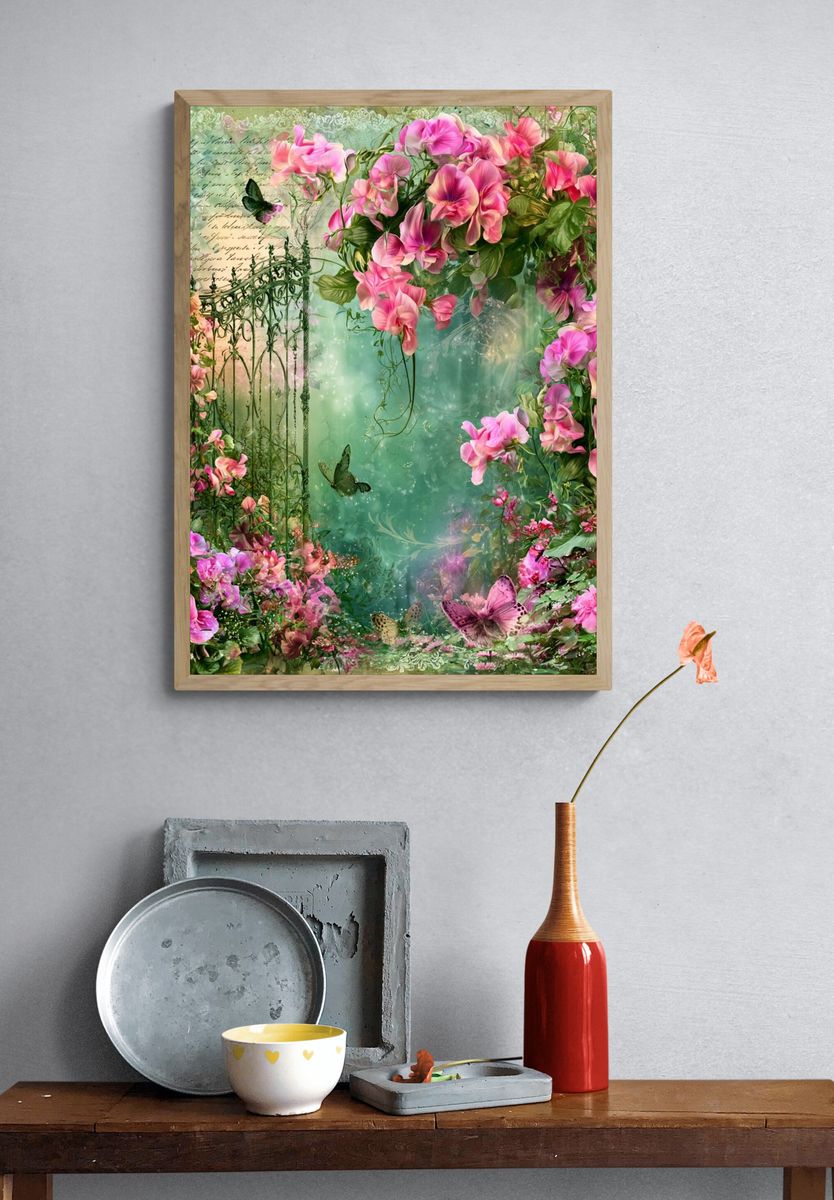 Pink Floral Garden Illustration Poster. — room view 3