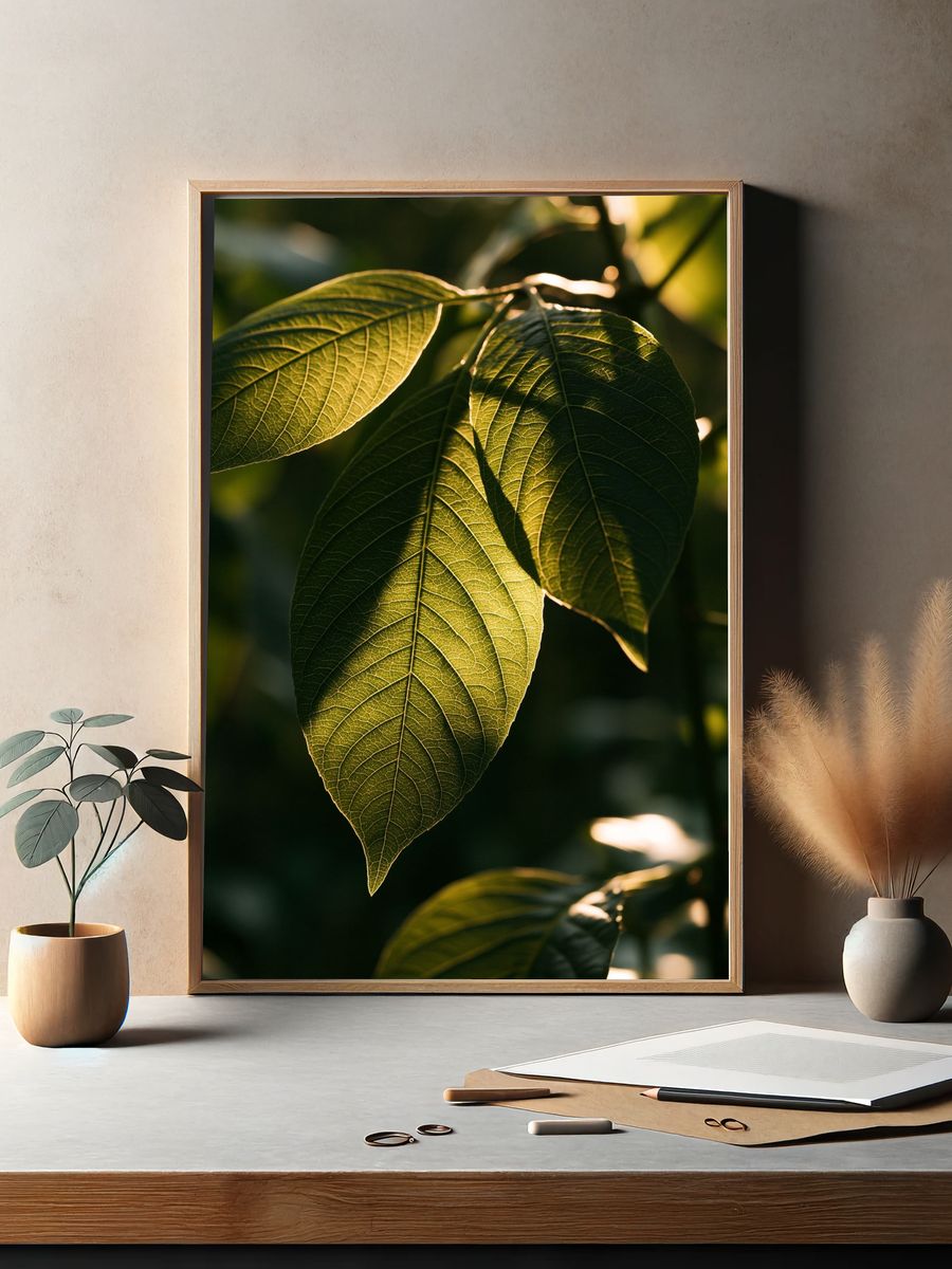 Sunlit Green Leaves Botanical Print. — room view 2