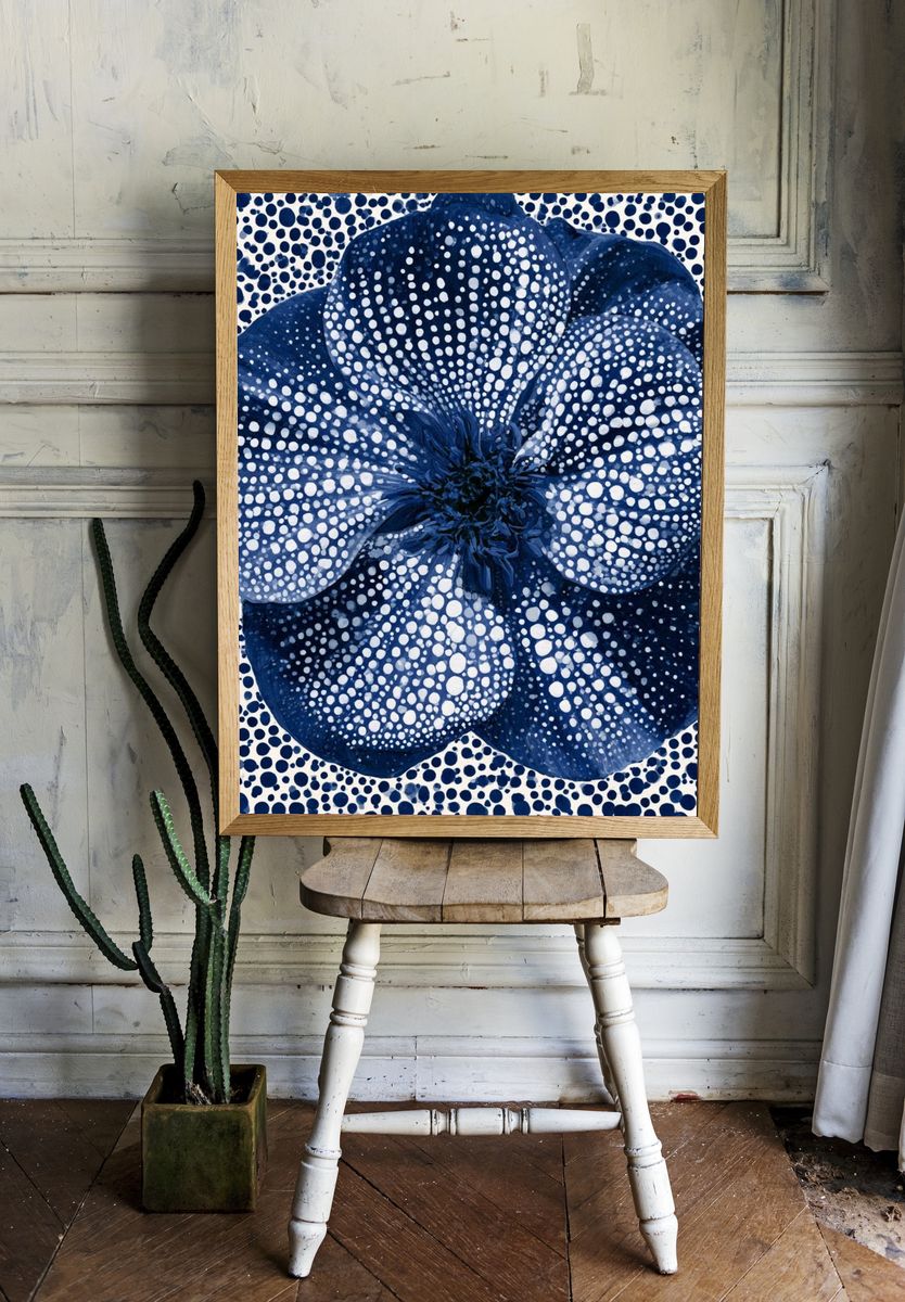 Blue Dotted Flower Botanical Print. — room view 1