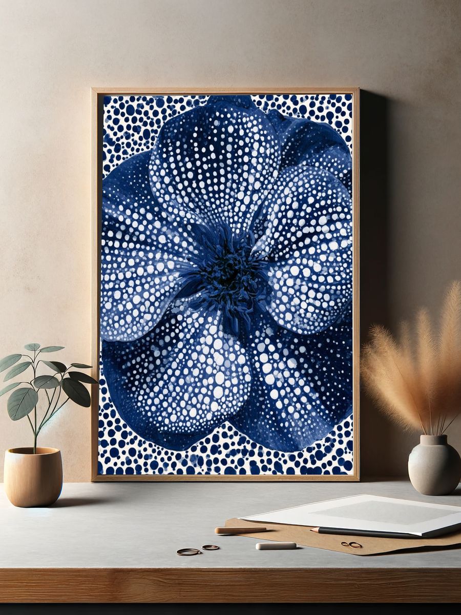 Blue Dotted Flower Botanical Print. — room view 2