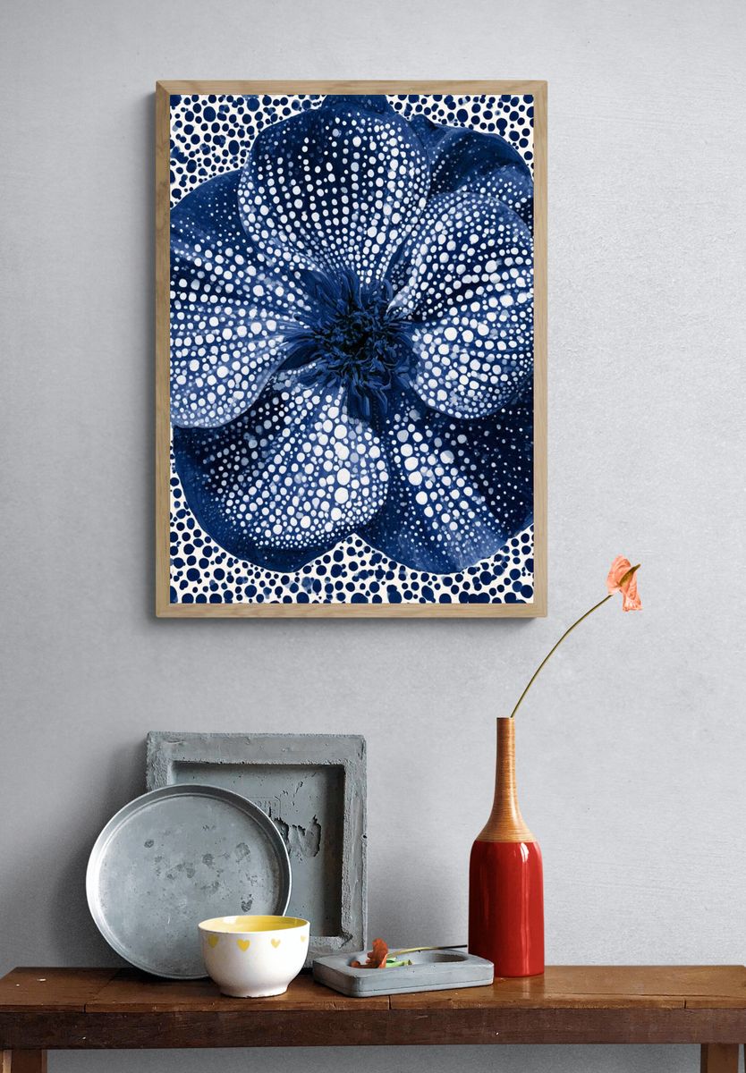 Blue Dotted Flower Botanical Print. — room view 3