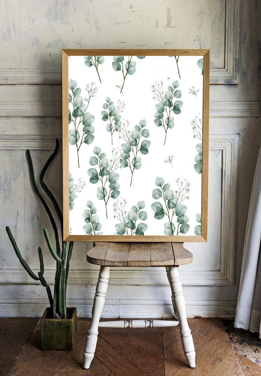 Eucalyptus Sprigs Watercolor Print. — room view 1