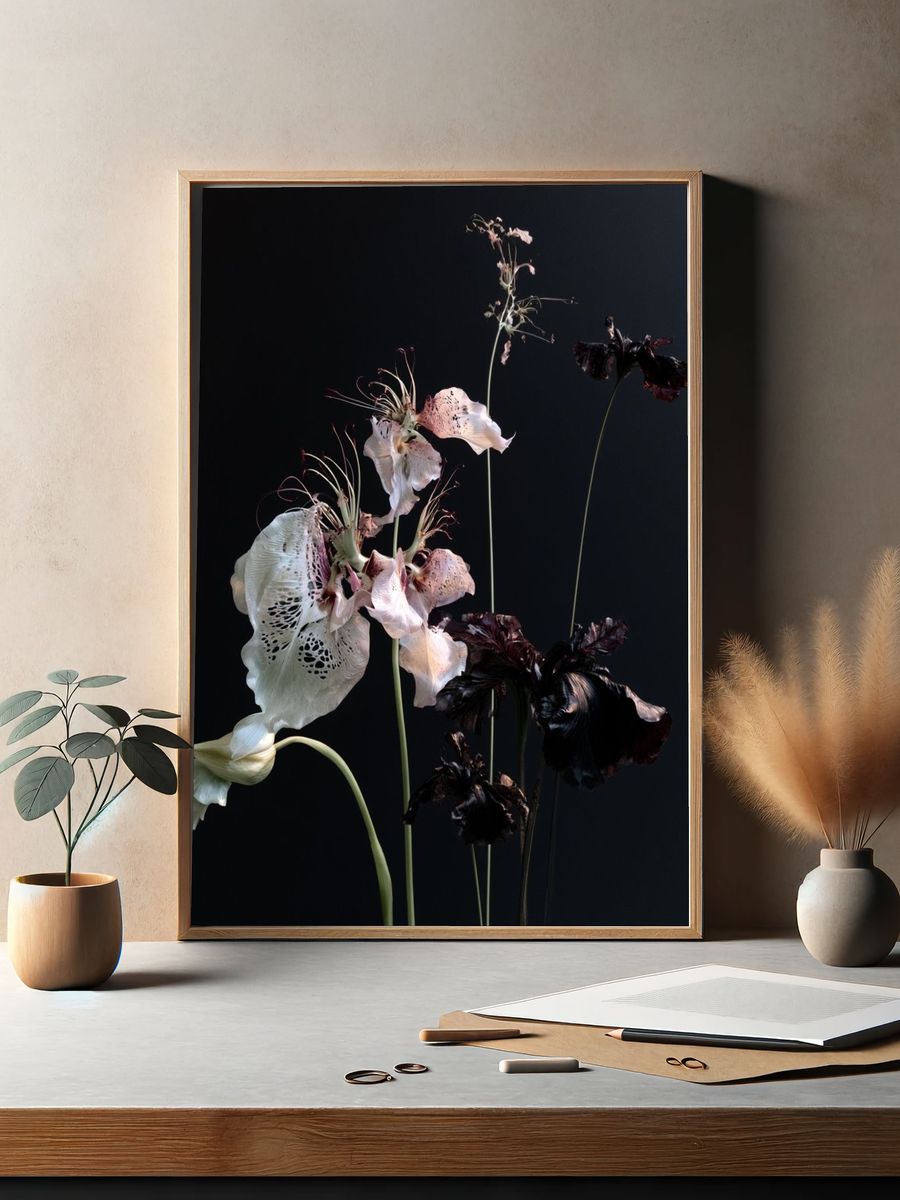 Dark Floral Still Life Photography Poster. — room view 2