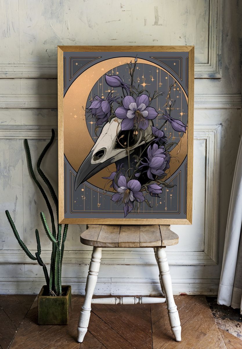 Moonlit Raven Floral Poster. — room view 1