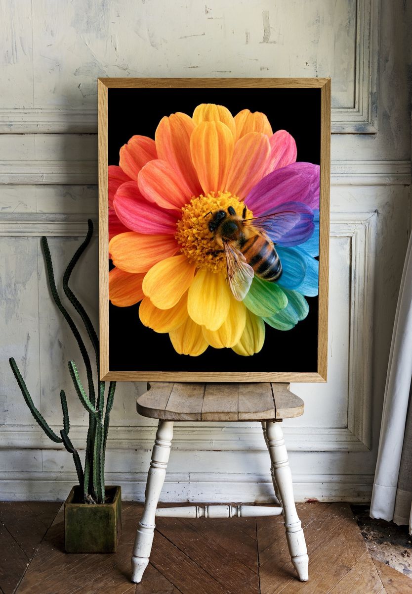 Rainbow Flower Bee Botanical Print. — room view 1
