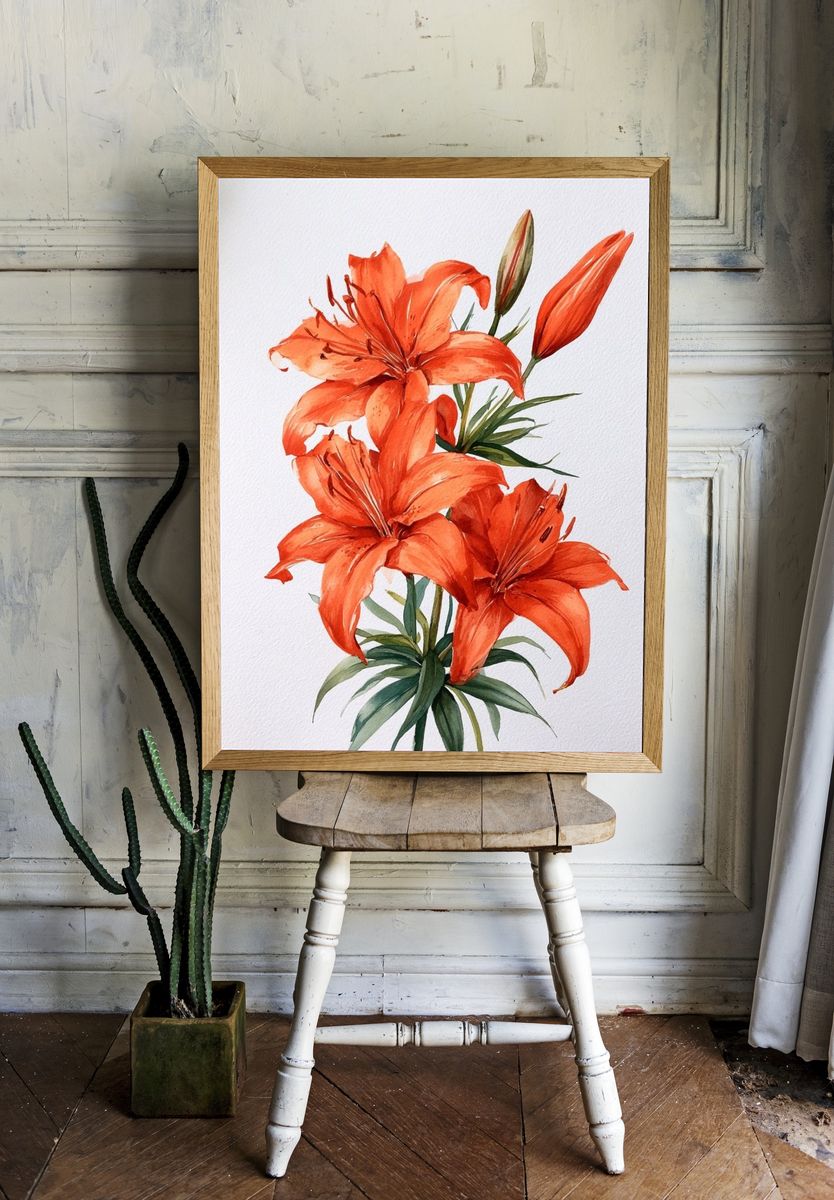 Orange Lily Watercolor Poster. room preview