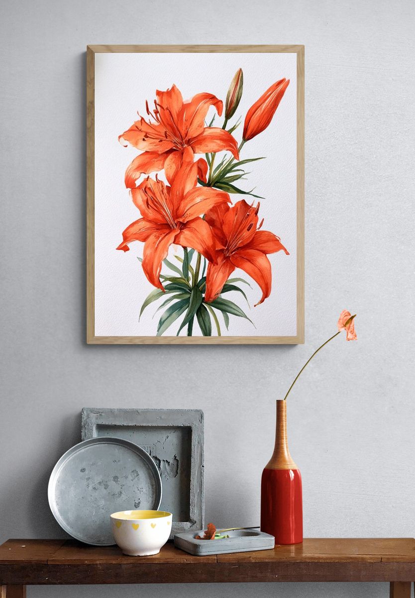 Orange Lily Watercolor Poster. — room view 3
