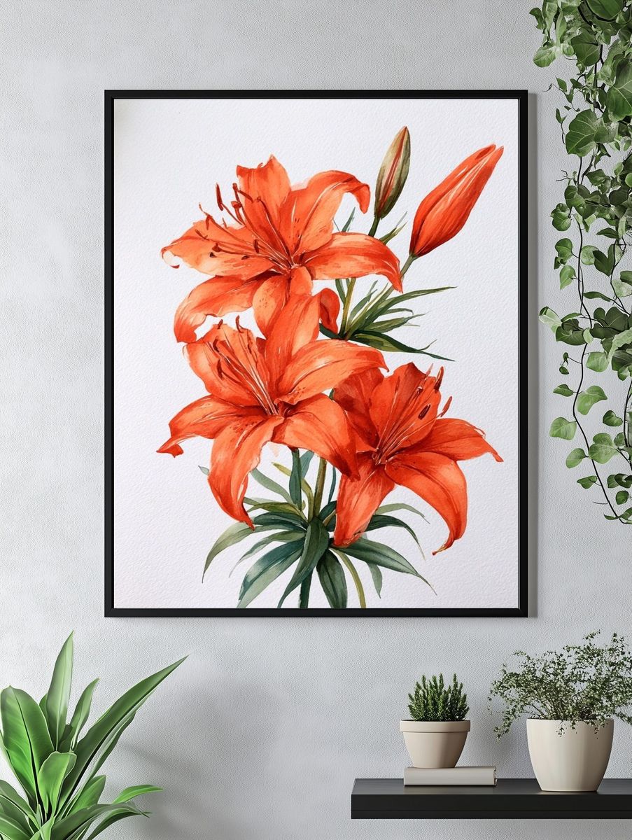 Orange Lily Watercolor Poster. — room view 4