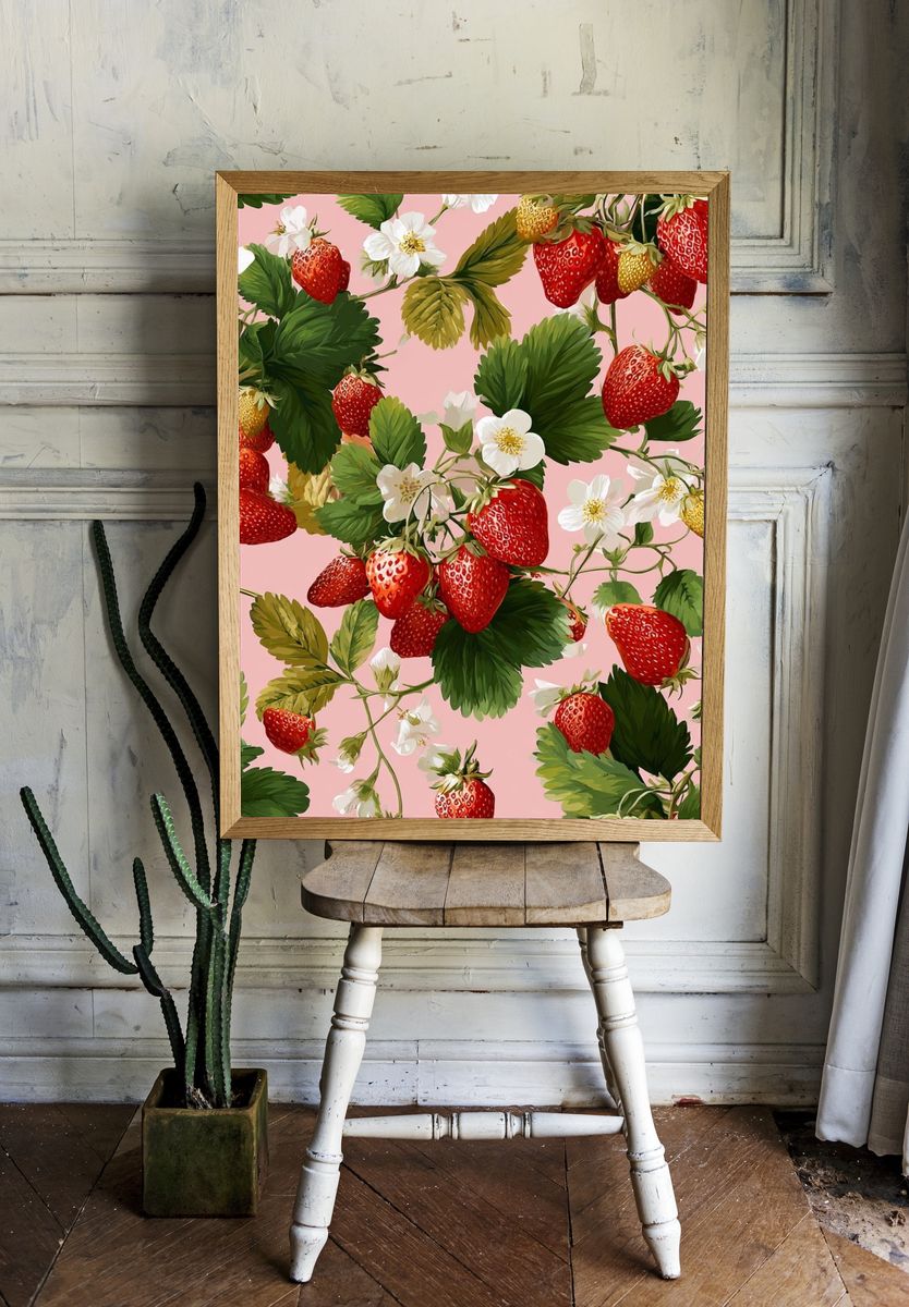 Strawberry Blossom Botanical Print. room preview