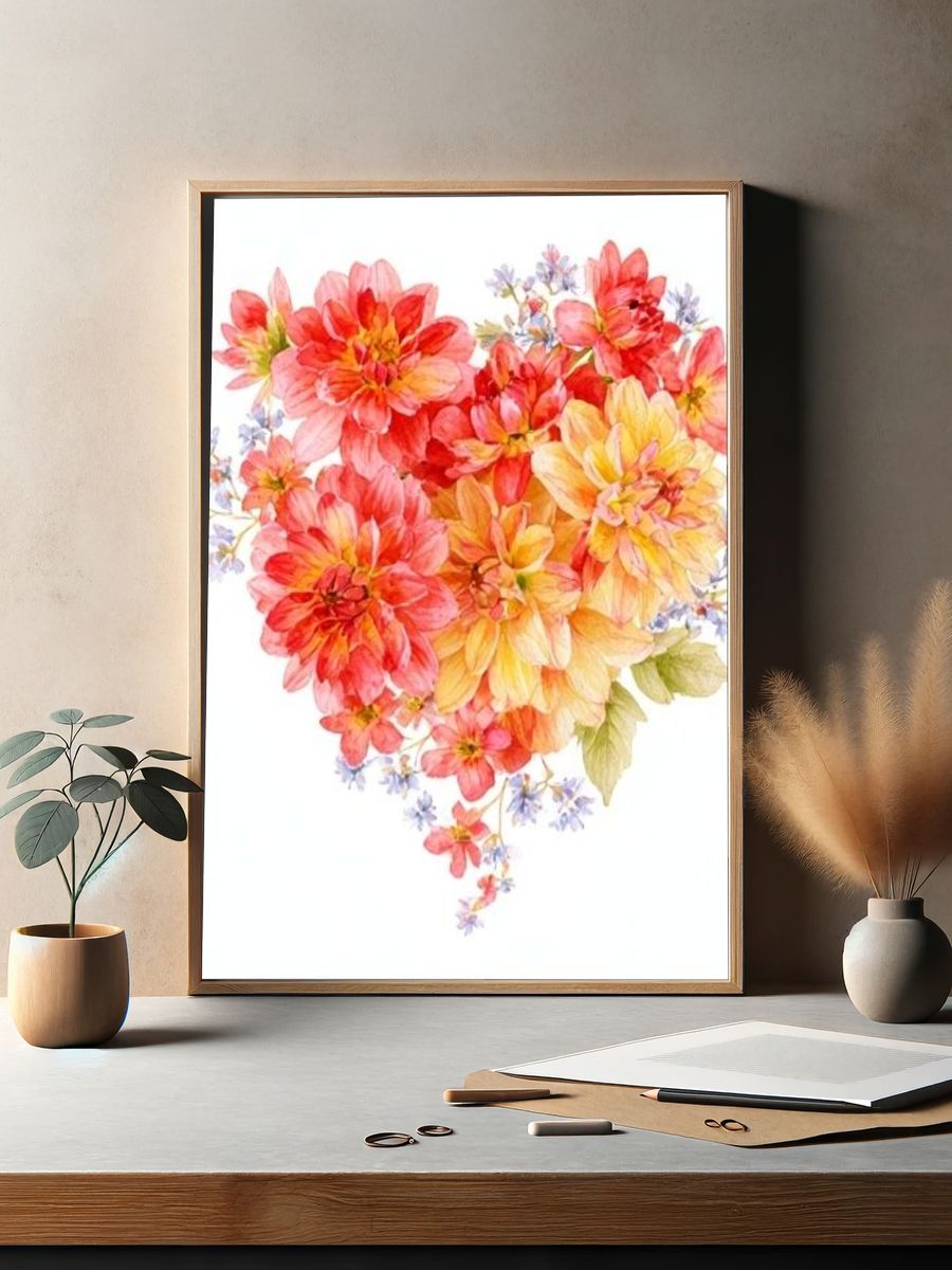 Watercolor Floral Heart Poster. — room view 2