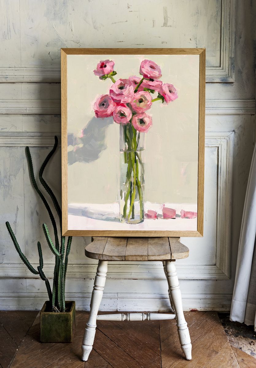 Pink Ranunculus Vase Illustration Poster. — room view 1