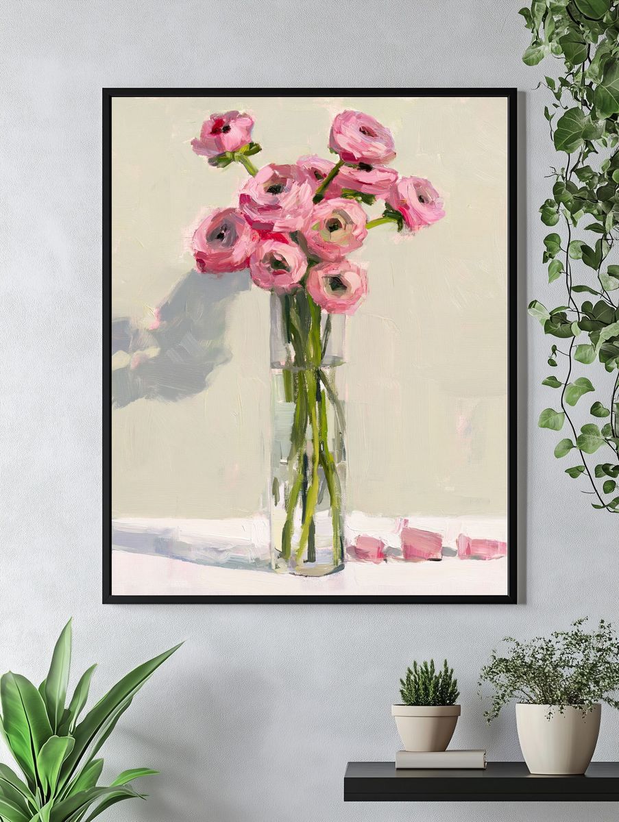 Pink Ranunculus Vase Illustration Poster. — room view 4