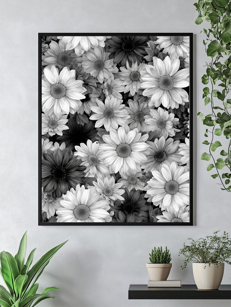 Black and White Daisy Floral Print. — room view 4