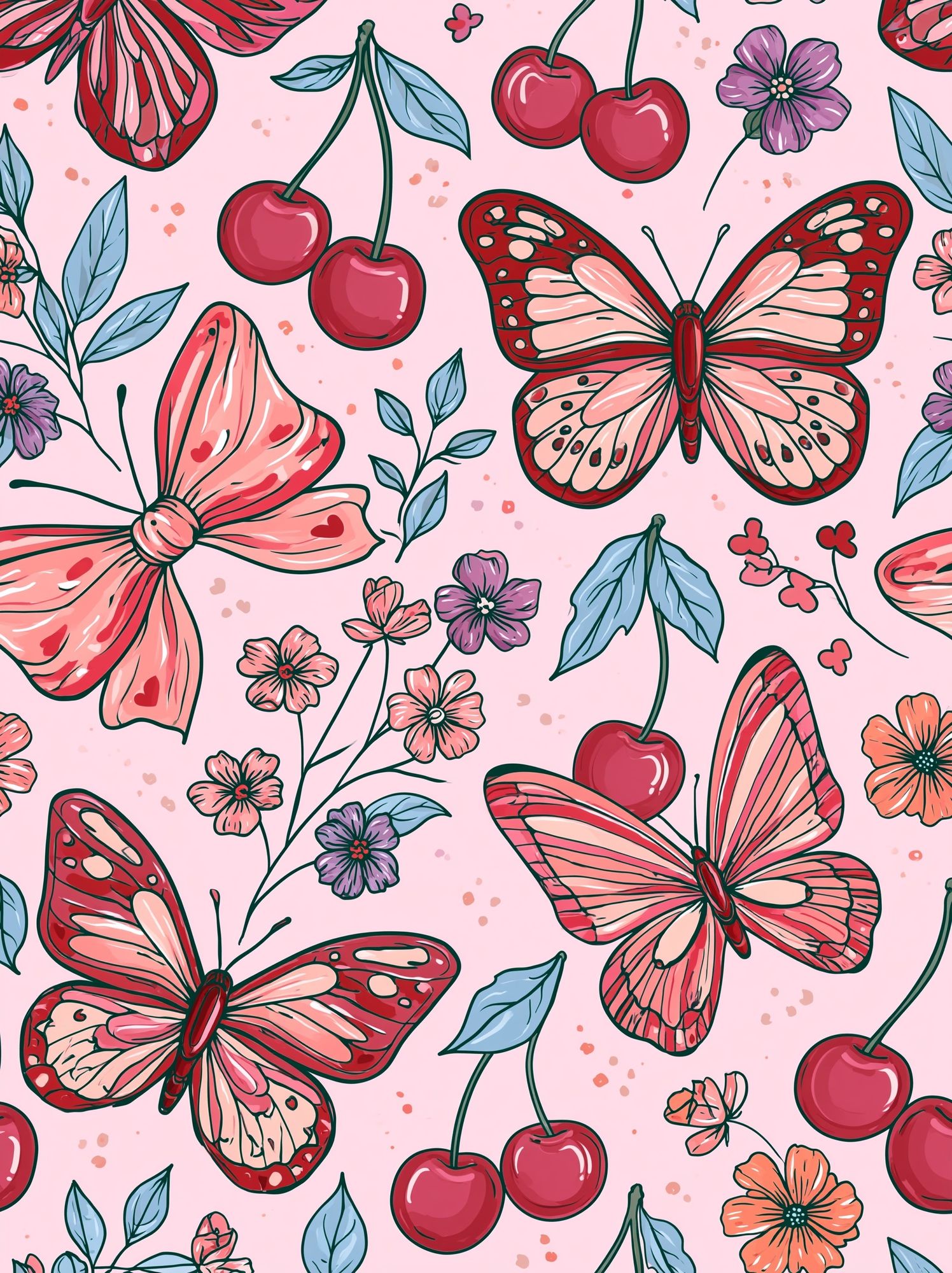 Cherry Butterfly Floral Print. poster — botanical art