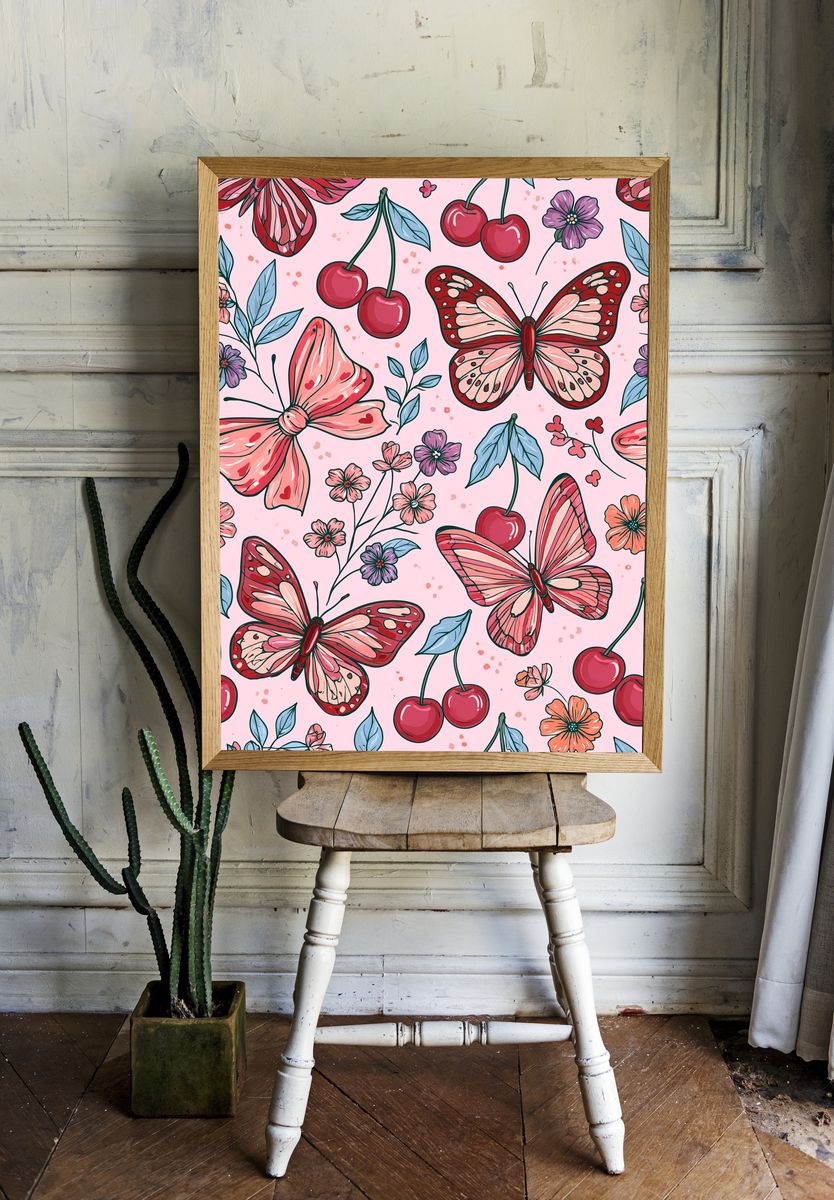 Cherry Butterfly Floral Print. — room view 1