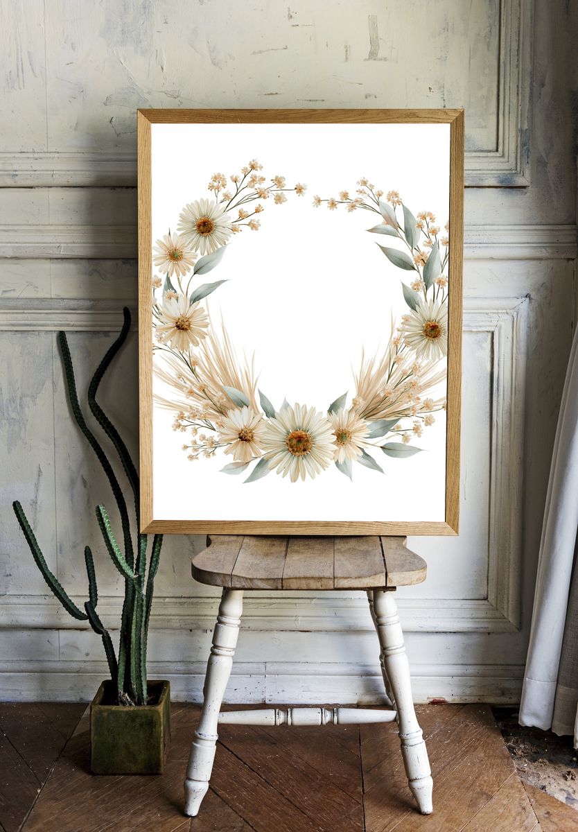 Daisy Floral Wreath Print. room preview