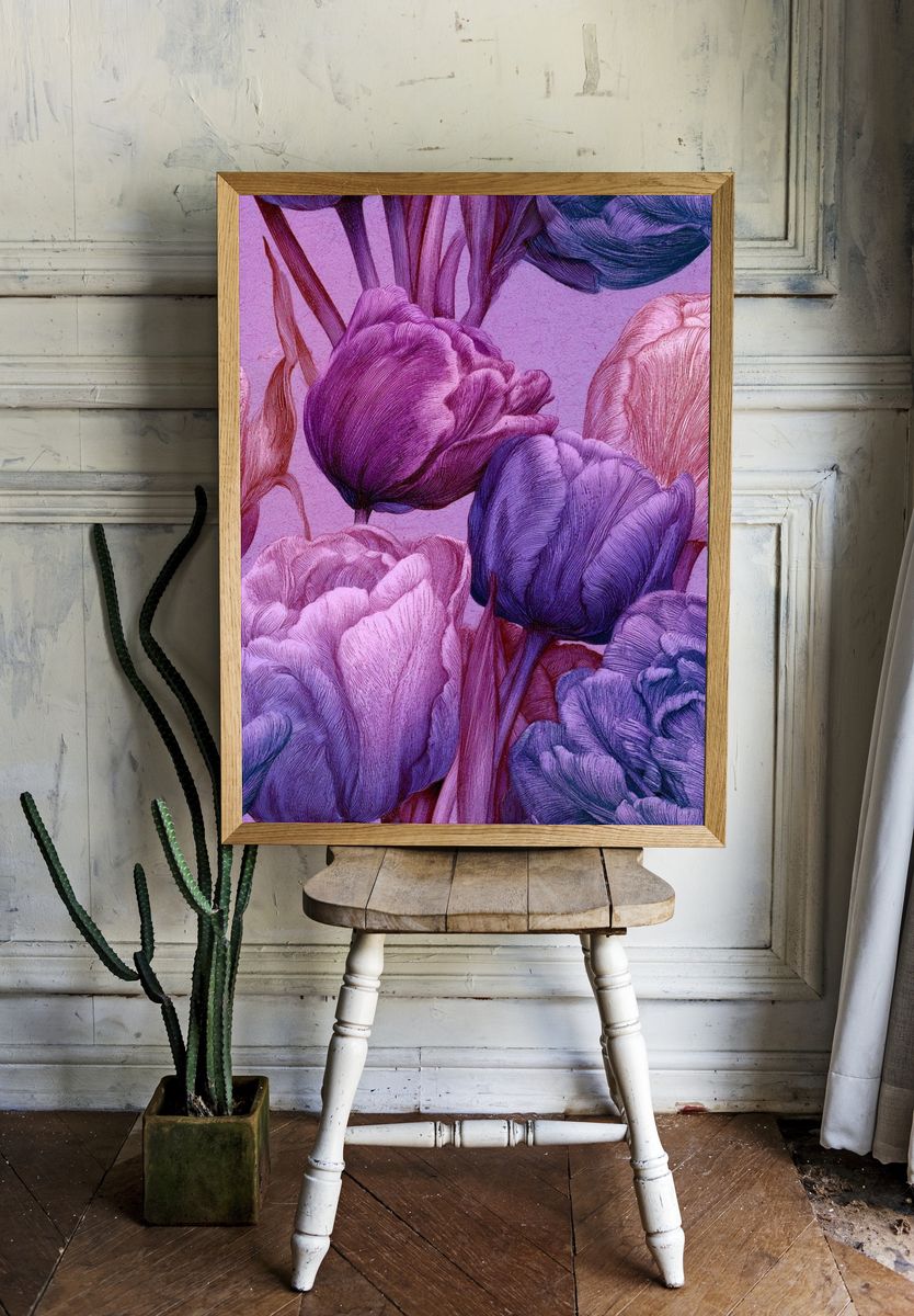 Purple Tulip Bloom Botanical Print. — room view 1