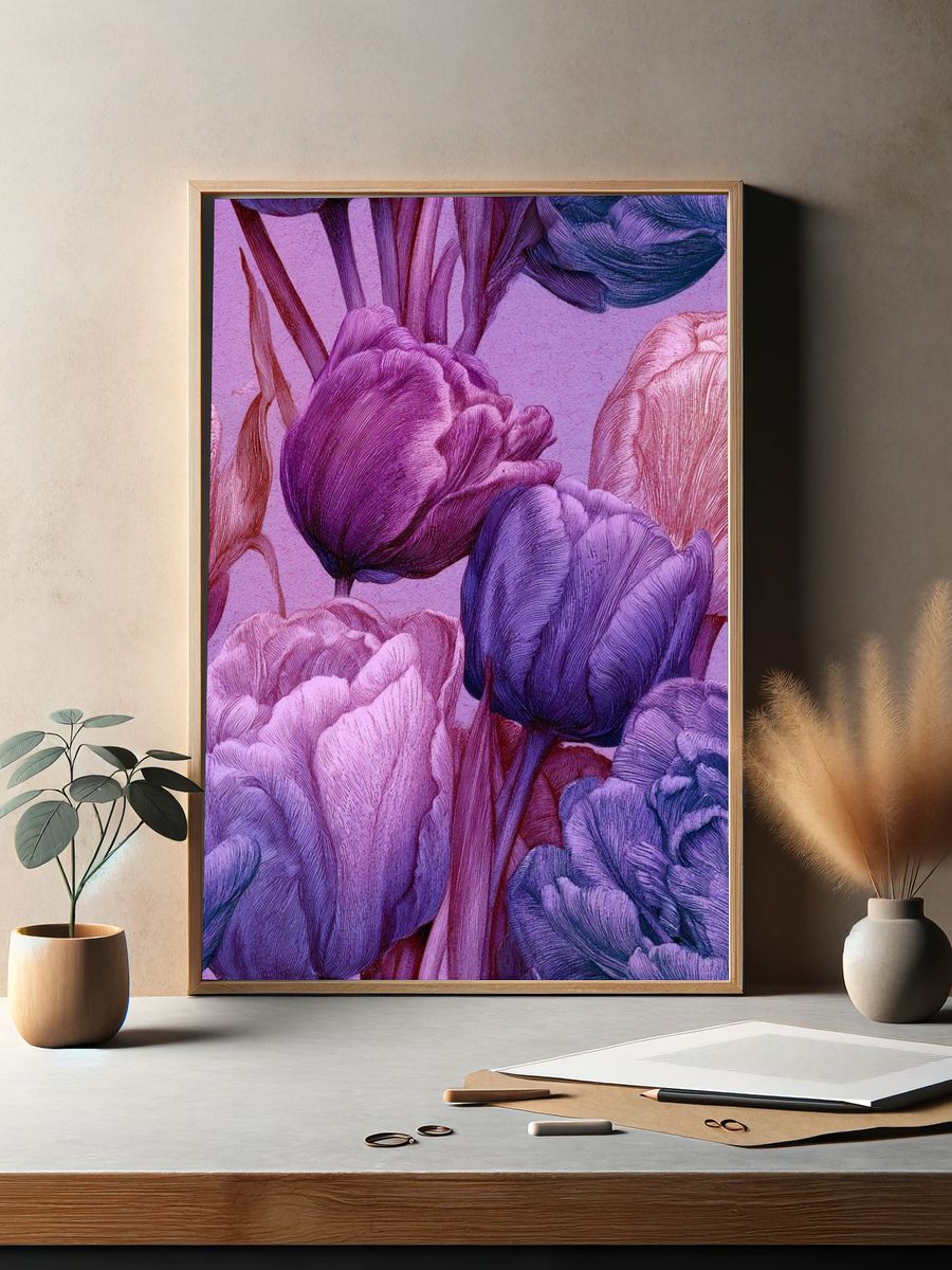 Purple Tulip Bloom Botanical Print. — room view 2