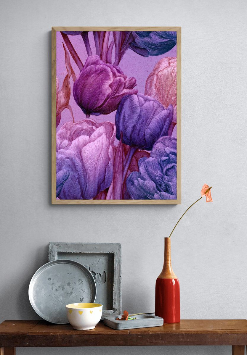 Purple Tulip Bloom Botanical Print. — room view 3