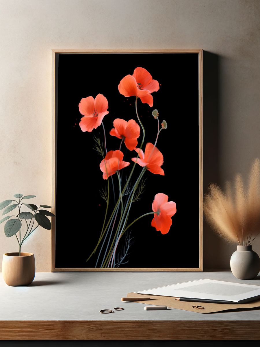 Coral Poppy Bloom Print. — room view 2