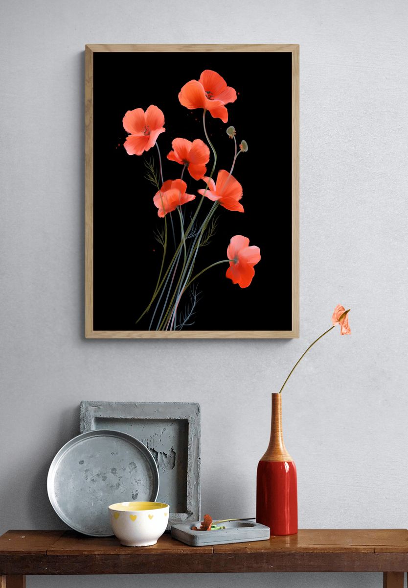 Coral Poppy Bloom Print. — room view 3
