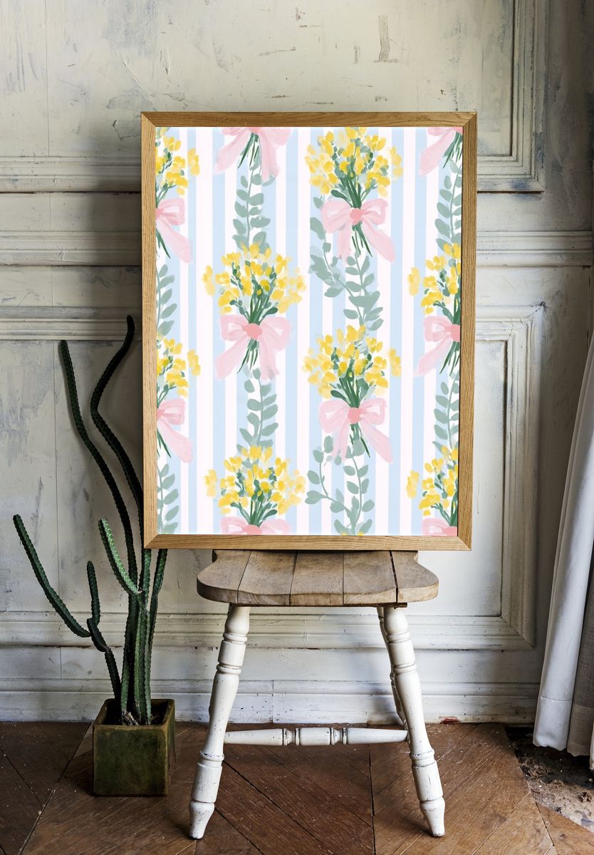Pastel Floral Stripe Pattern Poster. — room view 1