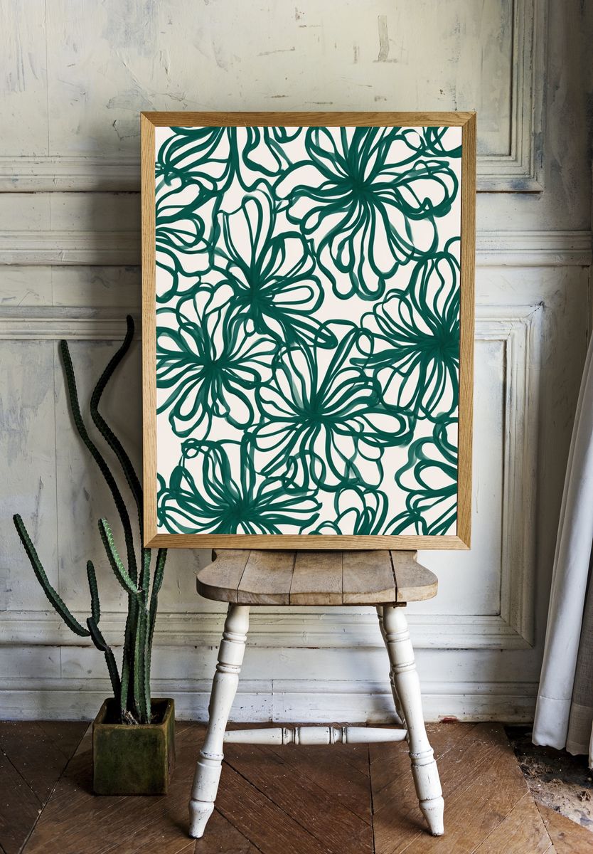 Teal Floral Line Art Poster. room preview